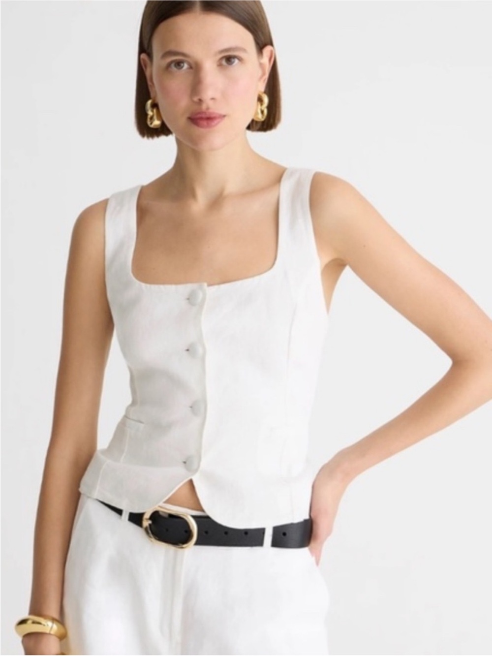 NWY J.Crew White Linen Scoop-Neck Button Tank